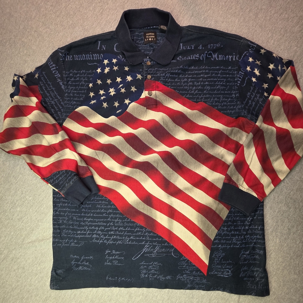 Cotton Traders Sports Patriotic Stars and Stripes Long Sleeve Polo Shirt